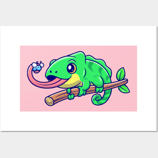 Cute Chameleon Eating Bug Cartoon Posters and Art